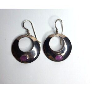 925‎ Sterling Silver Earrings Dangle Purple Stone Modernist Circle Signed NF VTG